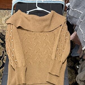 crown & ivy Camel Pearl-Accent Cable Knit Cowl Sweater